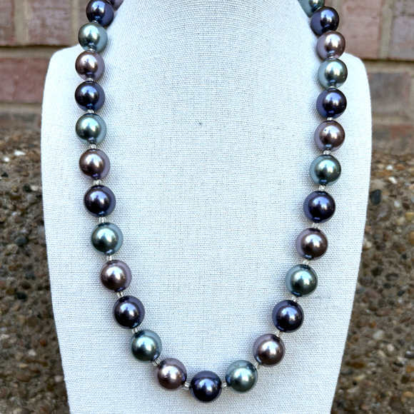 Vintage Joan Rivers Metallic Purple Blue Faux Pearl Necklace Silver Tone 21" - Picture 1 of 9